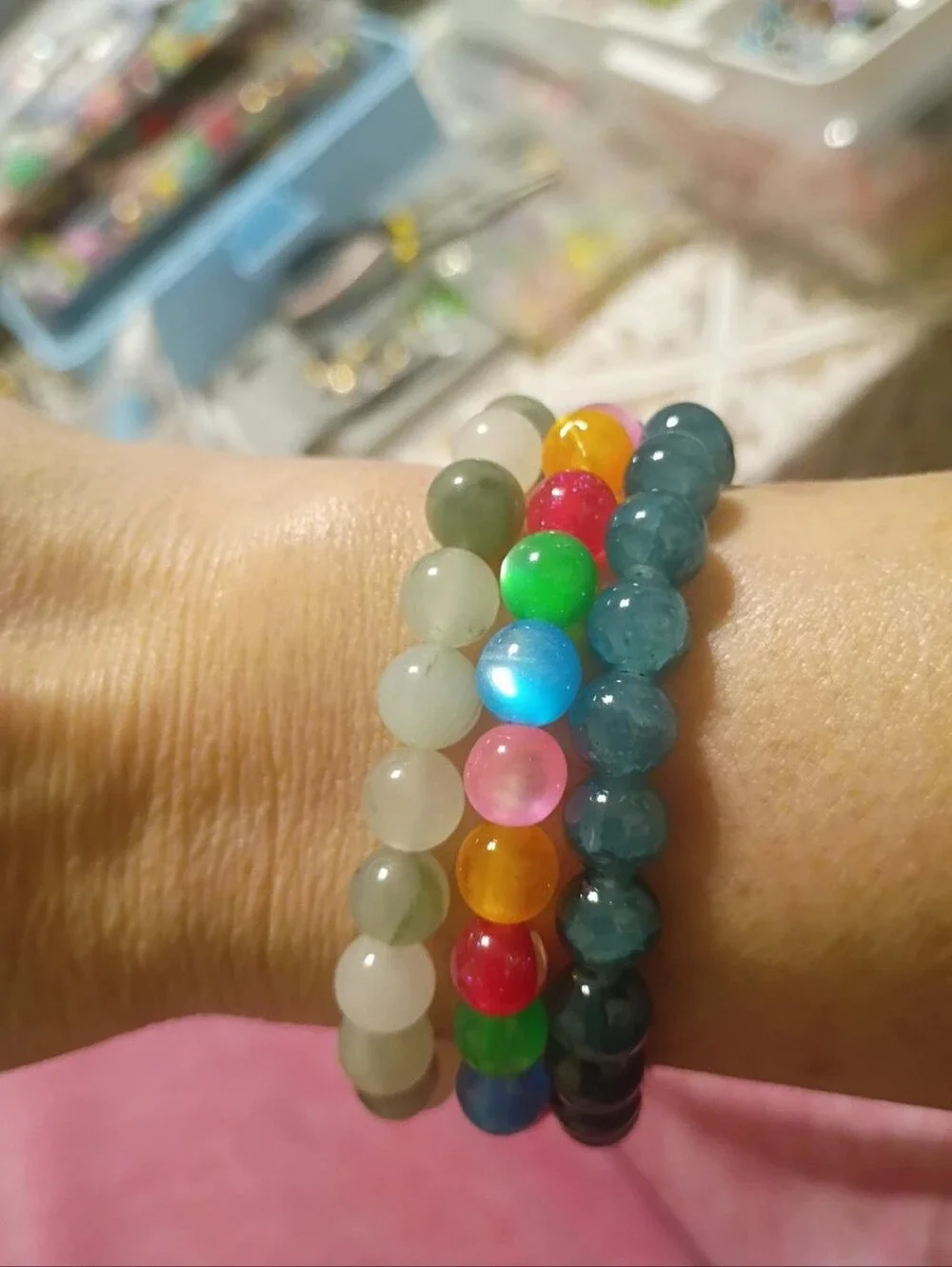 Jade/Jadite, Apatitie/Quartz, & Chalcedony Gemstone Beaded Stretch Bracelet Trio